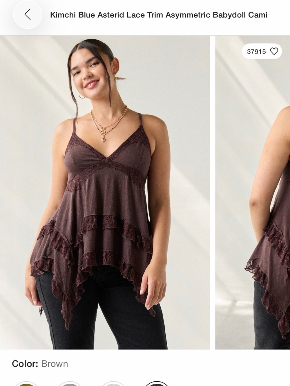 Urban Outfitters Brown Lace-Trim Handkerchief-Hem Cami